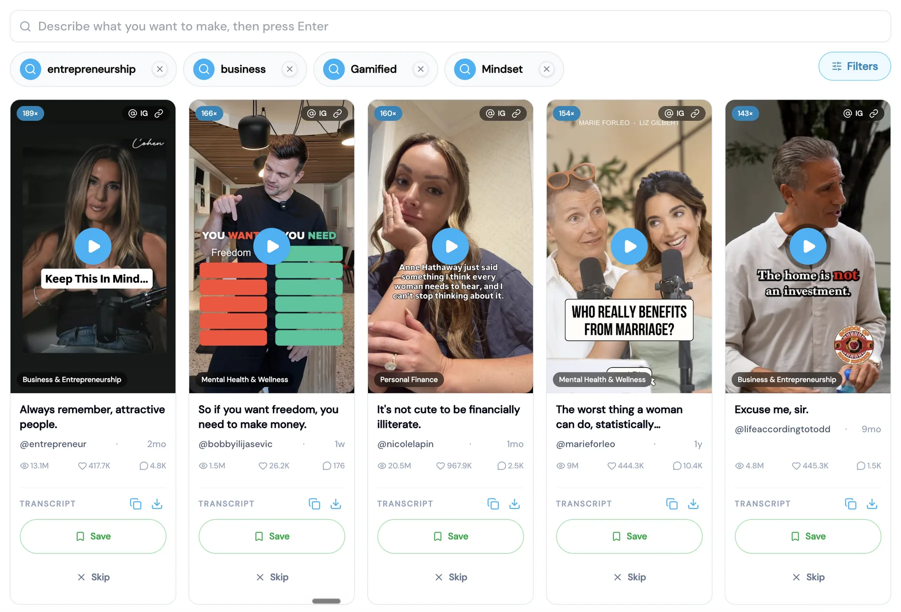 TopicFinder Discover feed: outlier reels ranked by multiplier, with transcripts and save